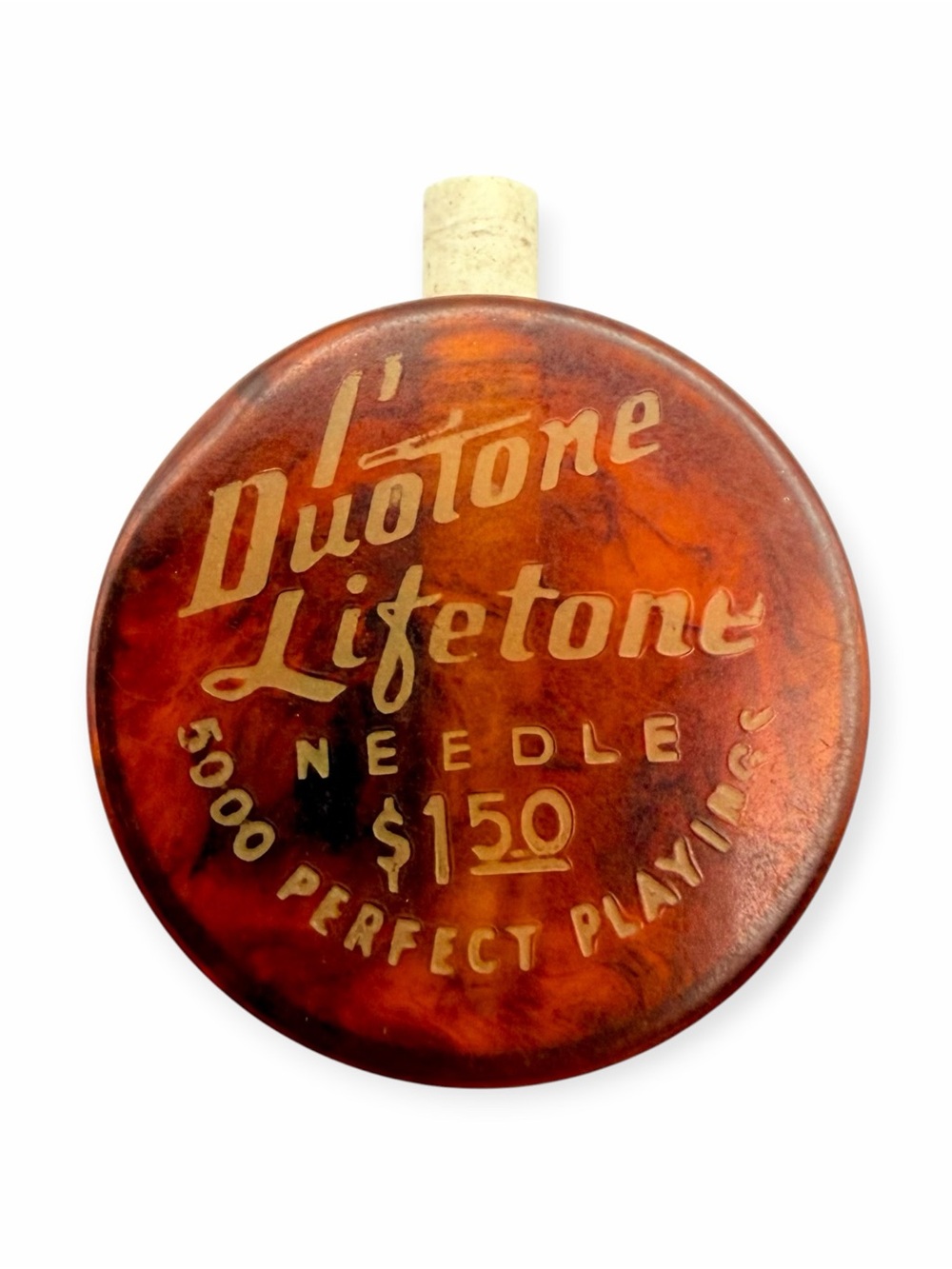 Vintage Duotone Lifetone Phonograph Needle Container Marbled Amber 1940s